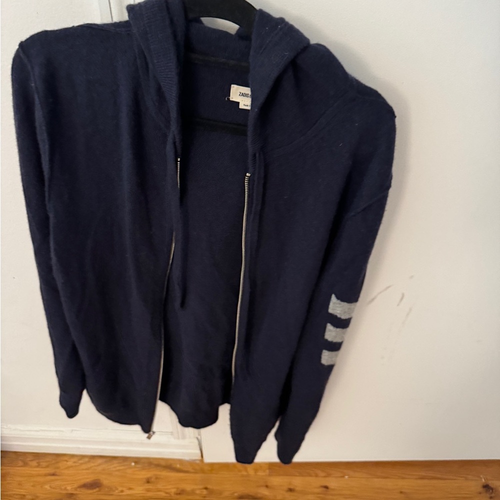 Zadig & Voltaire Blue Zip Up Sweater with Sporty Stripes